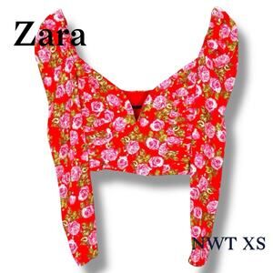 NWT Zara Red Floral Puff Long Sleeve Sweetheart Crop Blouse XS